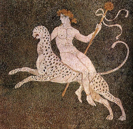 Dionysos mosaic from Pella.jpg Dionysos riding a panther, mosaic floor in the 'House of Dionysos' at Pella, late 4th century BC, Pella, Archaeological Museum